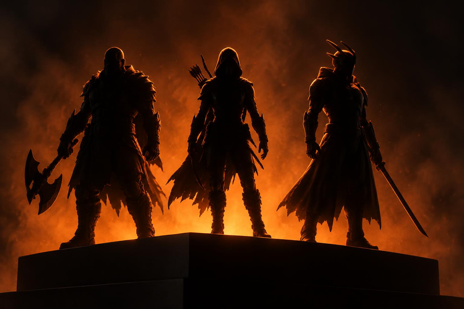Three upcoming 3D printed action figure characters silhouetted in ember light